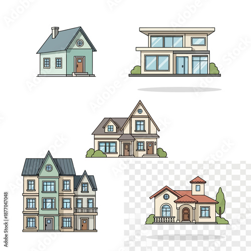 Collection of Diverse Residential Buildings and Houses Illustrated