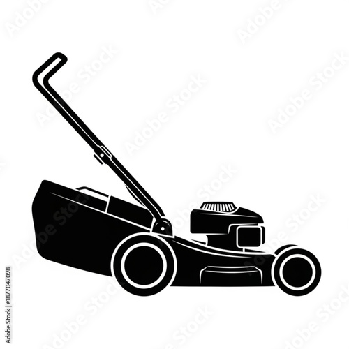 Black silhouette of a lawn mower with handle up