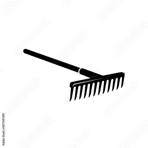 A black silhouette of a garden rake with long handle and multiple tines