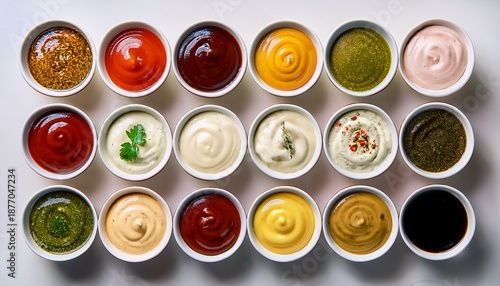 assorted dipping sauces in white bowls top view isolated on clear transparent