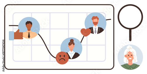 Data analysis, customer feedback, emotional trends, business reviews, user experience, analytics. Graph line with emotions, thumbs up users and a magnifying glass. Customer feedback and emotional
