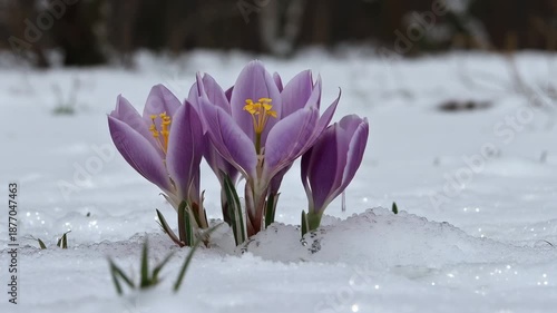 Time lapse of purple crocus flowers blooming through snow. Spring awakening and nature growth concept. Close-up of flowers opening in winter
