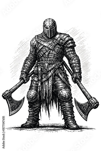 Armored Warrior with Dual Axes – Medieval Fantasy Line Art Illustration