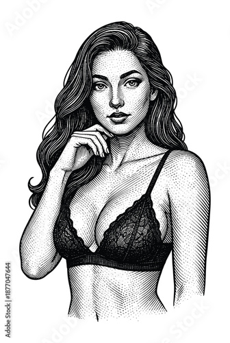 Beautiful Woman in Lace Lingerie – Elegant Black and White Engraving Portrait