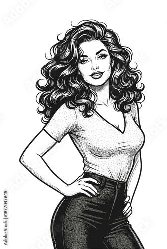 Fashion Woman Portrait with Curly Hair – Modern Vintage Line Art Illustration