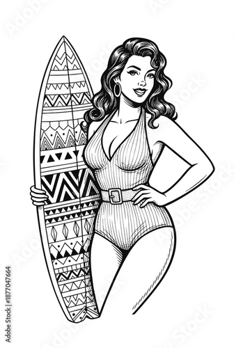 Retro Surfer Woman with Surfboard – Vintage Pin Up Line Art Illustration