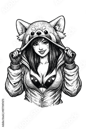 Cute Girl in Animal Hoodie – Kawaii Style Black and White Illustration