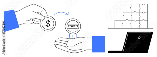 Token exchange. A hand exchanging digital tokens for currency, blockchain and cryptocurrency technology. Token-based systems for payments, finance, blockchain, and e-commerce platforms