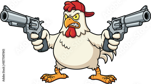 Angry cartoon chicken holding two revolvers illustration, humorous tough animal character concept, funny action parody mascot in colorful flat vector style isolated on white background