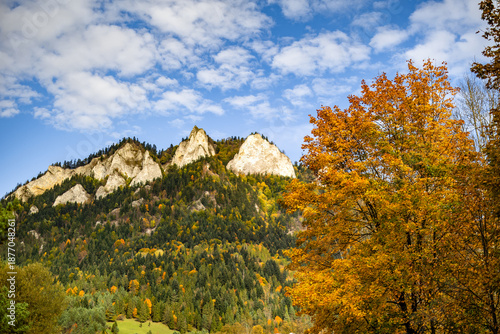 Scenic autumn mountain landscape with Trzy Korony peak and colorful forest in the Pieniny Mountains, Poland. Beautiful nature view under blue sky with clouds.