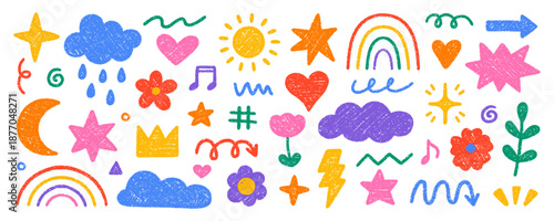Chalk cute kids elements, crayon pencil preschool kindergarten doodle icons set. Hand drawn daycare and children drawings, childish scribble rainbow, stars, flower, crown in sketch style