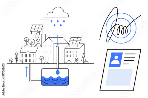 Water management system. Water storage and rain harvesting integrated into urban designs and renewable energy solutions. Water sustainability for smart cities, eco-friendly projects, infrastructure