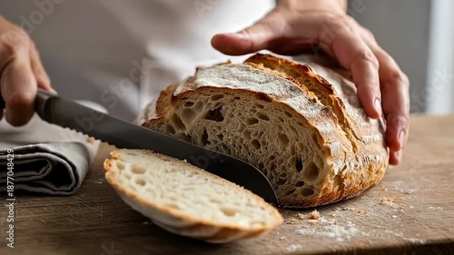 Wallpaper Mural Baker's hands expertly slicing a freshly baked loaf of artisanal sourdough bread with a serrated knife on a rustic wooden cutting board, revealing the soft interior and crispy crust Torontodigital.ca