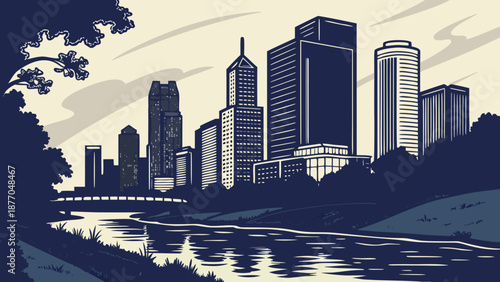 Houston skyline with river, green trees capturing beauty. Suitable for travel brochures, city guides, website banners, and social media posts.