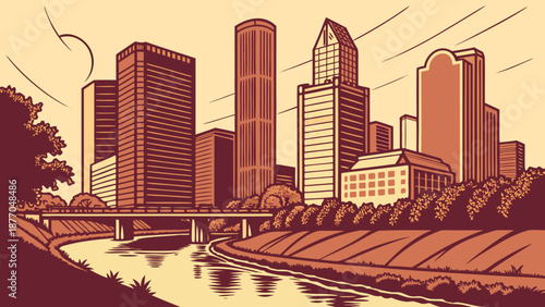 Houston skyline reflected in bayou waters, ideal for urban cityscape backgrounds and texasthemed designs capturing the citys beauty.
