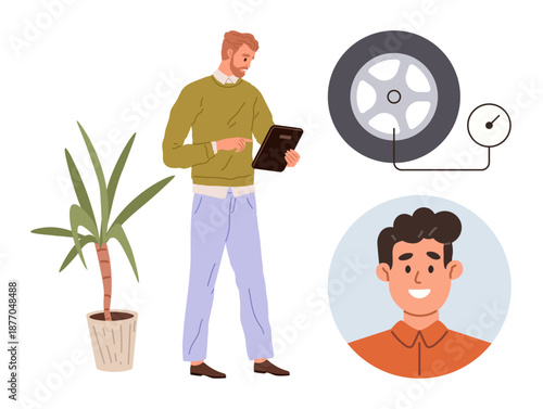Automotive maintenance, customer service, personal interaction, eco-friendly designs, plant decor, safety checks. A man inspects tire pressure with a clipboard and smiles. Automotive and customer