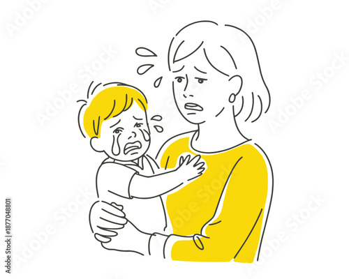 A worried mother comforting her crying baby in a simple line art style