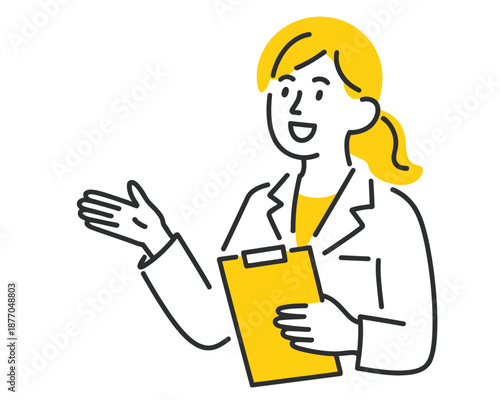 A smiling female doctor or nurse holding a clipboard and gesturing in a friendly manner, wearing a white lab coat and yellow shirt.