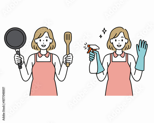 A cartoon woman in an apron holding cleaning supplies and cooking utensils in a flat vector illustration