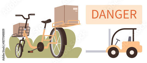 Workplace safety, logistics, delivery services, cargo handling, transportation efficiency, occupational hazards. A cargo bike with packages and forklift beside a danger sign. Workplace safety