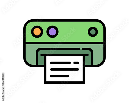 A minimalist vector illustration of a green printer with a sheet of paper emerging from it