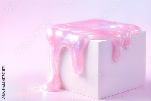 Artistic Cube: A pristine, square structure is adorned with a flowing, iridescent substance, creating a captivating display of form and texture.