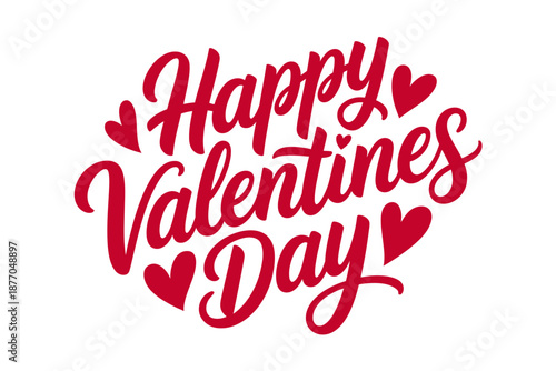 A festive Happy Valentines Day vector graphic with red hearts and cursive text on a white background