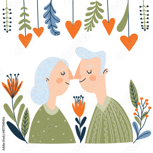 Elder couple in a sweet romantic scene with flowers and hearts