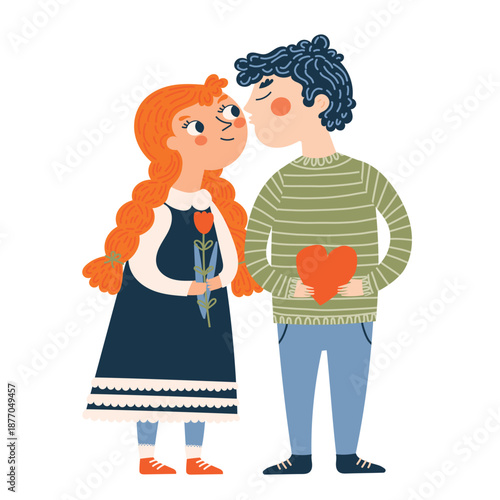 Kids sharing love with a flower and a bright orange heart