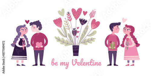 valentine card illustration with couples bouquet and heart details in soft pink palette