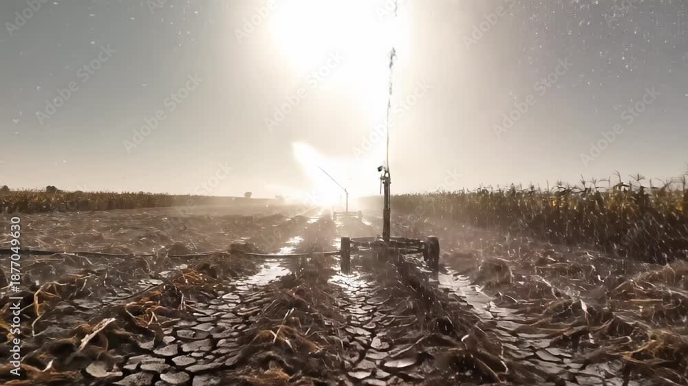 custom made wallpaper toronto digitalSprinkler system watering a dry, cracked cornfield during a severe drought at sunset, representing concepts of climate change, water scarcity, and agricultural challenges in modern farming