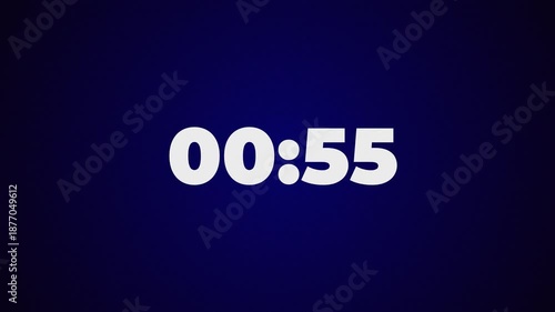 Animated countdown numbers from 01:00 to 0:00. Waiting time, one minute time, 60 seconds count down on navy blue background.
