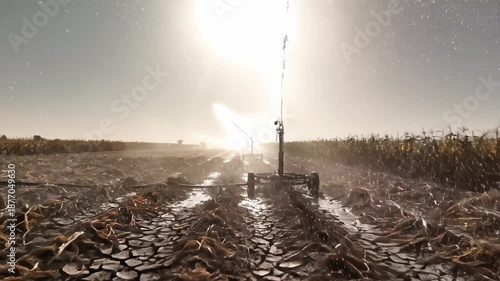 Wallpaper Mural Sprinkler system watering a dry, cracked cornfield during a severe drought at sunset, representing concepts of climate change, water scarcity, and agricultural challenges in modern farming Torontodigital.ca