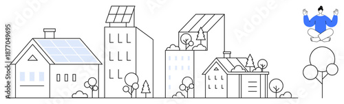 Sustainability, renewable energy, urban living, eco-friendly housing, mindfulness, green technology. Solar panel-equipped homes with greenery and a meditating figure. Sustainability and renewable