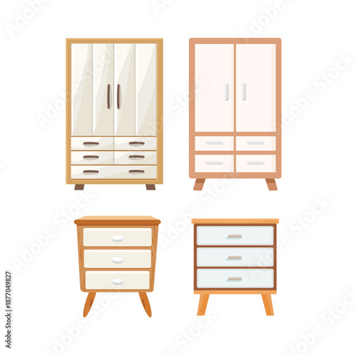 Set of a chest of drawers and a wardrobe. Flat vector clipart, illustration with isolated background.