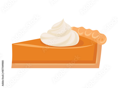 A slice of pumpkin pie with whipped cream. Flat vector clipart, illustration with isolated background.