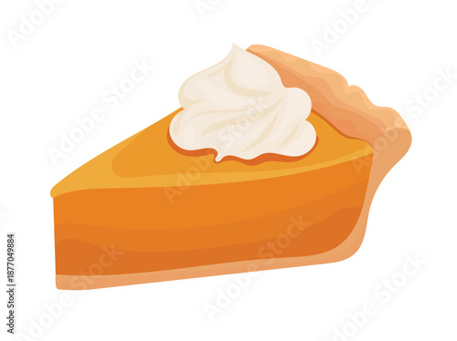 A slice of pumpkin pie with whipped cream. Flat vector clipart, illustration with isolated background.