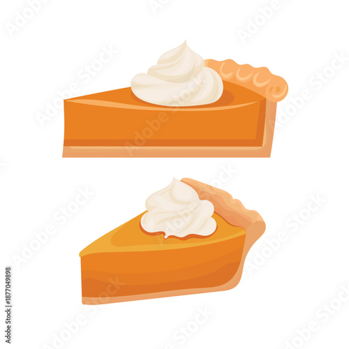 A slice of pumpkin pie with whipped cream. Flat vector clipart, illustration with isolated background.