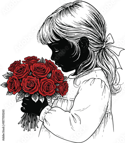 Woodcut style illustration of a young girl smelling a bouquet of red roses.