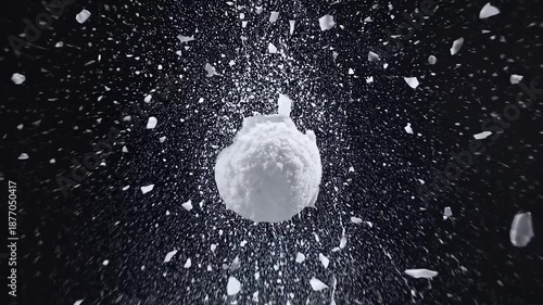 Perfect snowball exploding in super slow motion. White icy particles bursting and splashing after a powerful impact on a black background