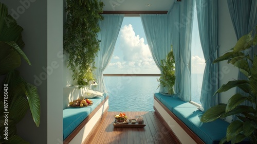Tranquil balcony view of ocean and sky with plants and turquoise accents