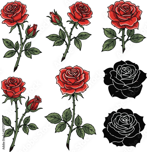 Traditional Tattoo Style Red Rose Vector Illustrations with Buds and Leaves Set