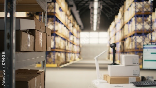 Fotografie Empty fulfillment center with industrial shelving and storage racks with packages for large scale e-commerce activity