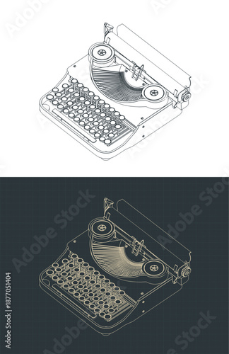 Retro typewriter isometric drawings