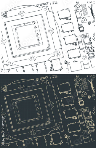 Video card's PCB and its components close up isometric drawings