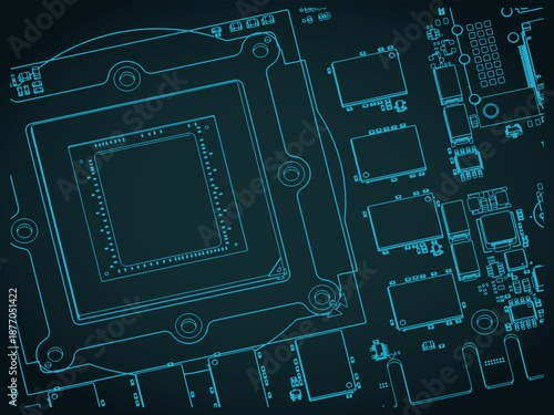 Video card's PCB and its components close up isometric blueprint