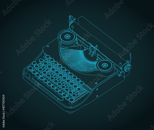 Retro typewriter isometric blueprint