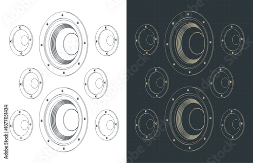 Speakers of various sizes isometric drawings