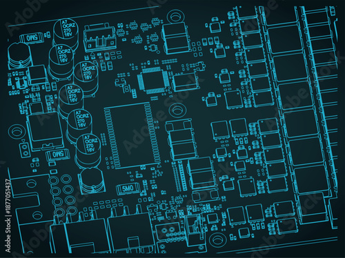 Video card's PCB and its components close-up isometric blueprint