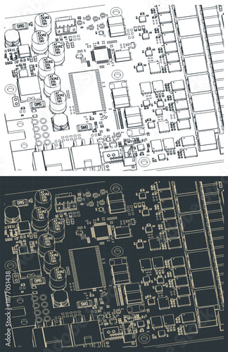 Video card's PCB and its components close-up isometric drawings